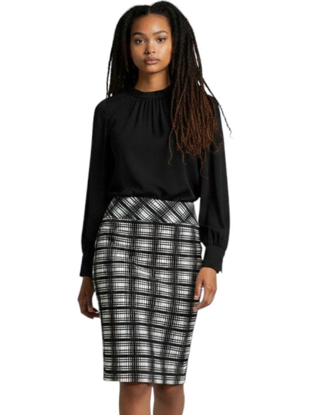 J Crew Black White Plaid Fitted Pencil Skirt Size 6 Cotton Side Zip Knee Office